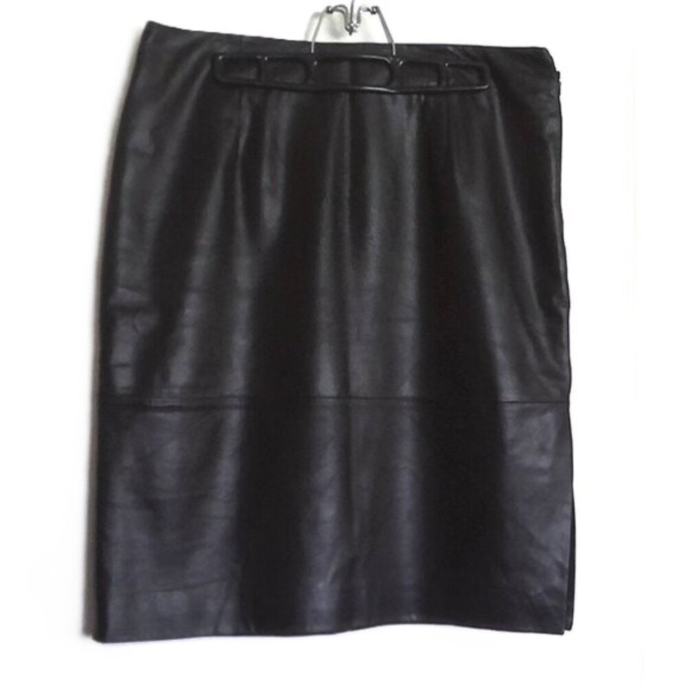 Vintage A.M.I Black Leather Straight / Pencil Skirt Side Slit Lined EUC Sz 12